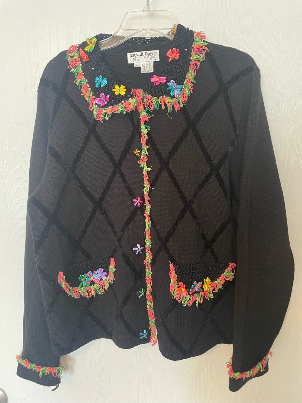 Vintage Jack B Quick Cardigan Sweater XL Black Floral Rainbow Fringe Grandmacore